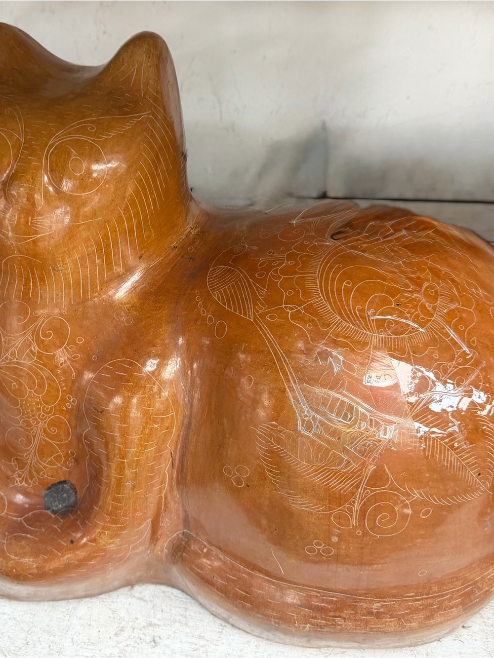 Artisanal Brown Ceramic Cat Sculpture with Etched Detail